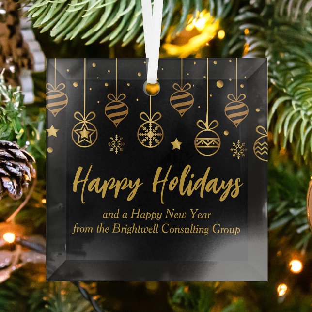 Elegant Black Gold Custom Company Christmas Glass Ornament (Creator Uploaded)