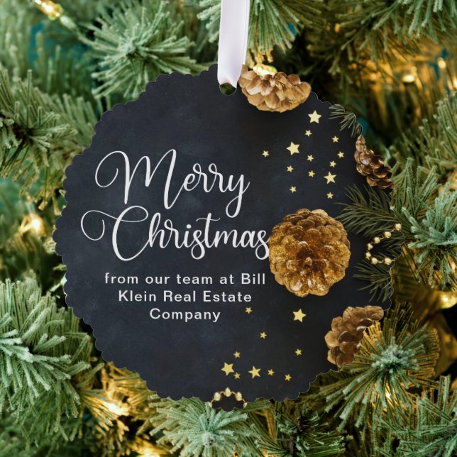 Elegant Black Gold Custom Company Christmas Ornament Card (Insitu (Tree))
