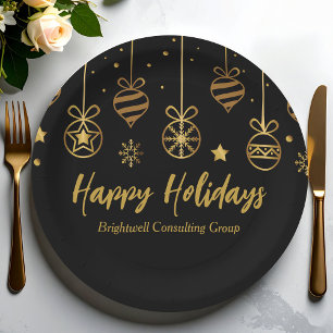 Elegant Black Gold Custom Company Holiday Party Paper Plates