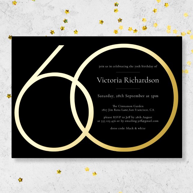 Elegant Black Gold Custom Minimalist 60th Birthday Foil Invitation (Mockup View)