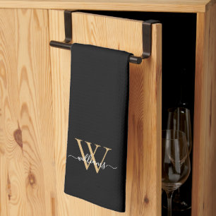 Elegant Black Gold Custom Monogram Script Name Kitchen Towel