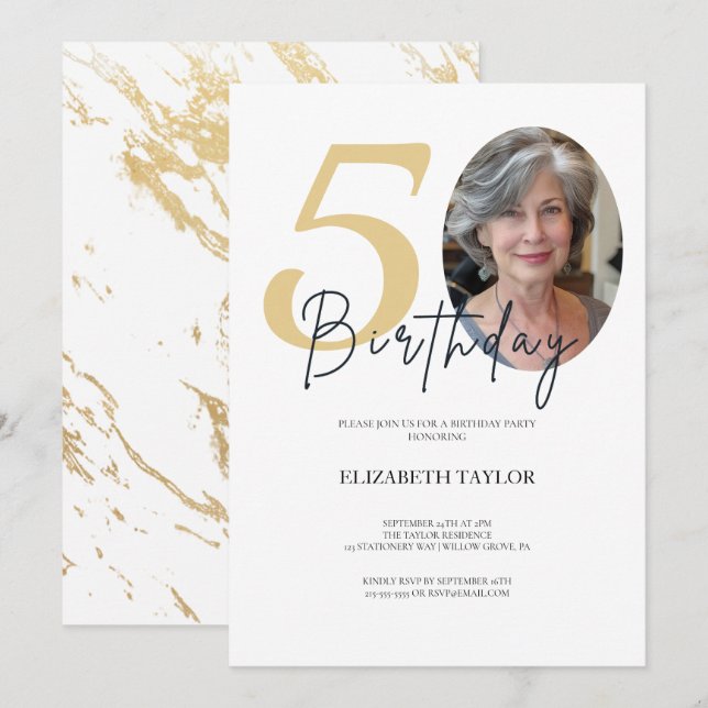 Elegant Black Gold Custom Photo 50th Birthday Invitation (Front/Back)