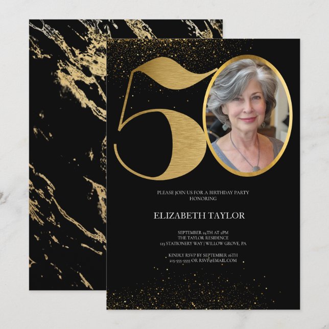 Elegant Black Gold Custom Photo 50th Birthday Invitation (Front/Back)