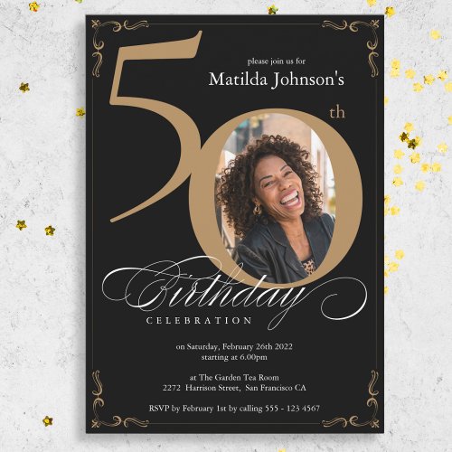 Elegant Black Gold Custom Photo 50th Birthday Invitation