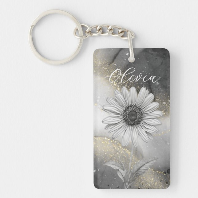 Elegant Black & Gold Daisy Custom Keychain (Front)
