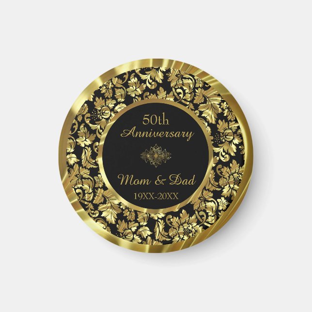 Elegant Black & Gold Damask- Anniversary Magnet (Front)