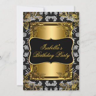 Elegant Black Gold Damask Brocade Birthday Party 2 Invitation