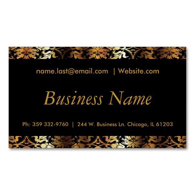 Elegant Black & Gold Damask Business Card Magnet (Front)