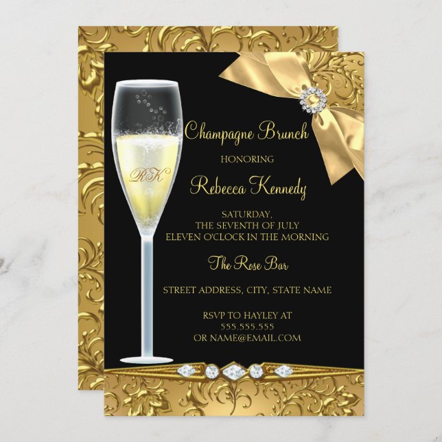 Elegant Black Gold Damask Champagne Brunch Invite (Front/Back)