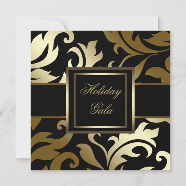 Elegant Black Gold Damask Party Invitations (Front)