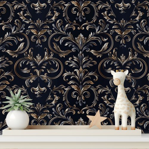 Elegant Black Gold Damask Peel and Stick Wallpaper