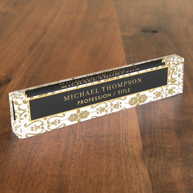 Elegant Black Gold Damask Personalized Name Desk Name Plate (Side)