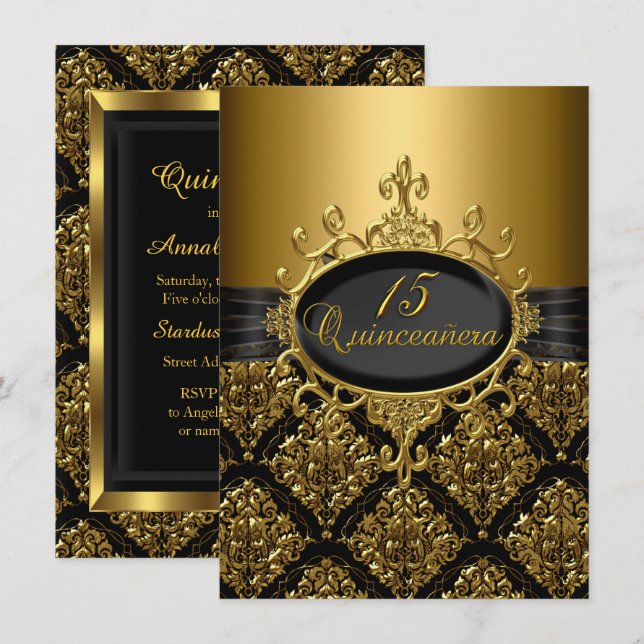 Elegant Black Gold Damask Quinceanera Invite (Front/Back)
