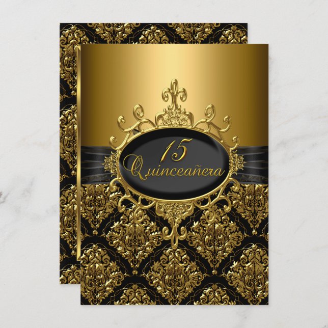 Elegant Black Gold Damask Quinceanera Invite (Front/Back)