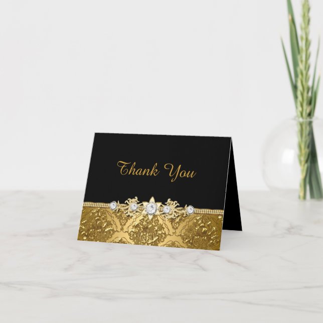 Elegant Black & Gold Damask Thank You Card (Front)