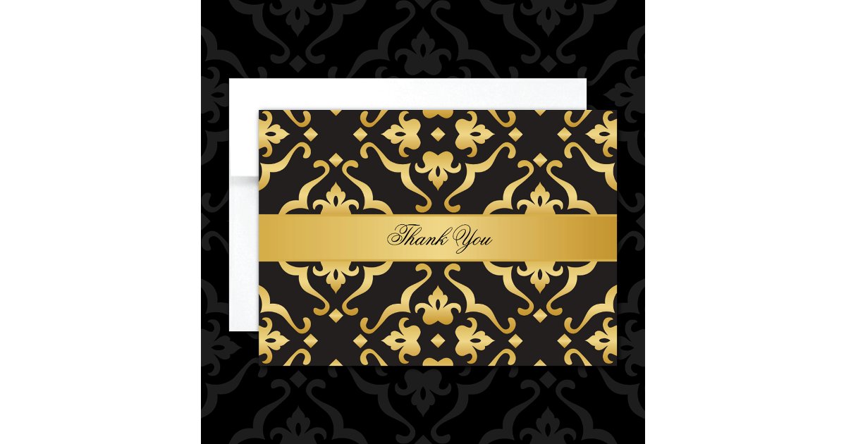 Elegant Black & Gold Damask Thank You Card | Zazzle
