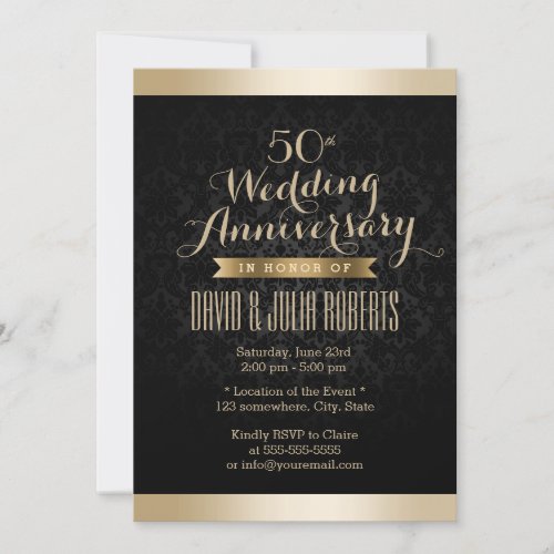 Elegant Black  Gold Damask Wedding Anniversary Invitation