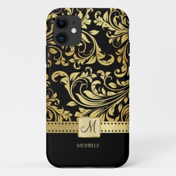 Elegant Black & Gold Damask With Monogram Iphone 11 Case by eatlovepray at Zazzle