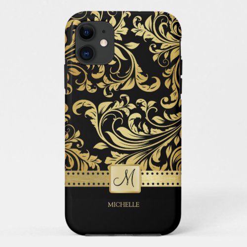 Elegant Black  Gold Damask with Monogram iPhone 11 Case