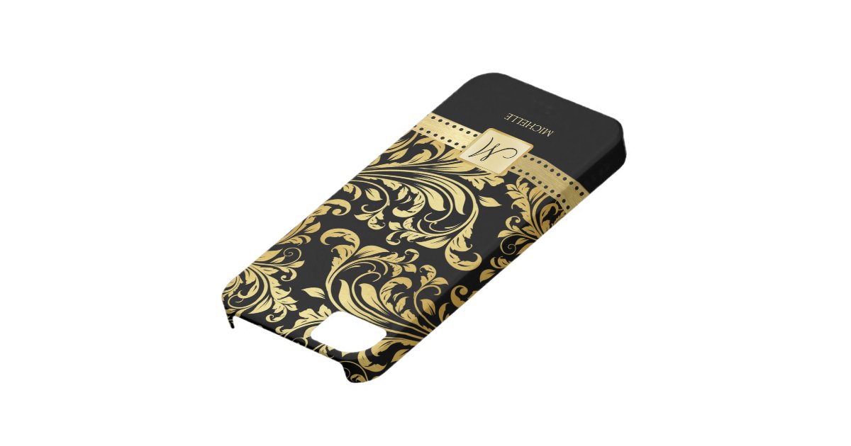 Elegant Black & Gold Damask with Monogram iPhone SE/5/5s Case