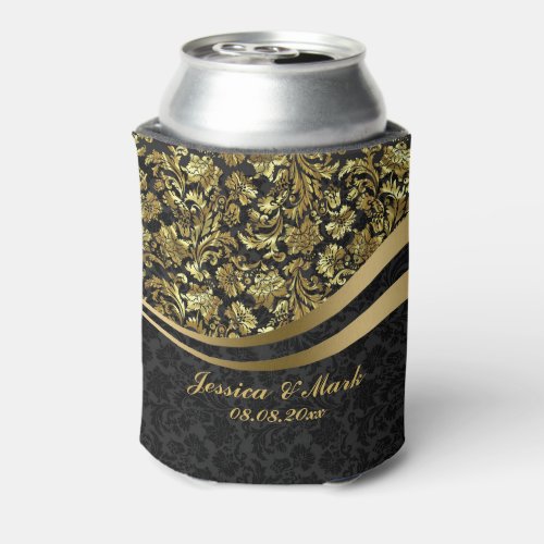 Elegant Black  Gold Damasks Can Cooler