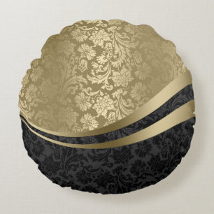 Elegant Black & Gold Damasks Dynamic Stripes 2 Round Pillow