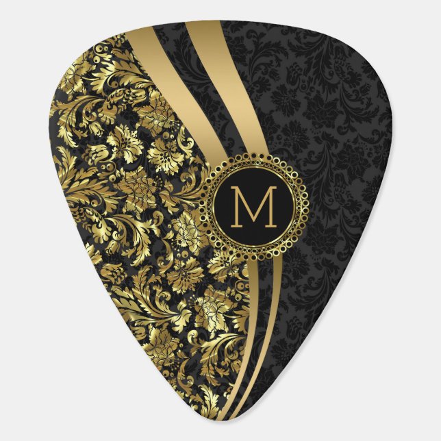 Elegant Black & Gold Damasks Guitar Pick (Back)