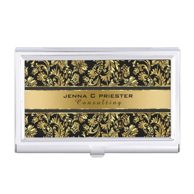 Elegant Black & Gold Damasks Pattern Business Card Holder (Front)