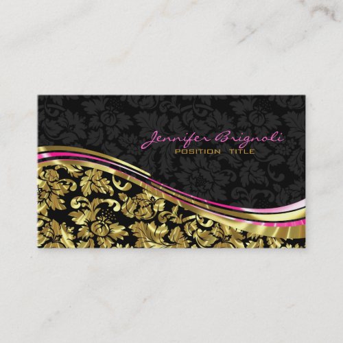 Elegant Black  Gold Damasks Silver Accents Business Card