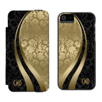 Elegant Black & Gold Damasks Wavy Geometric Shapes Wallet Case For iPhone SE/5/5s