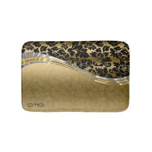 Elegant Black & Gold Damasks With Silver Accents Bathroom Mat