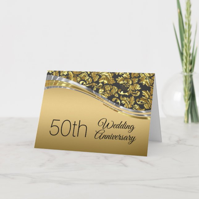 Elegant Black & Gold Damasks With Silver Accents Card (Front)