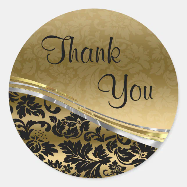 Elegant Black & Gold Damasks With Silver Accents Classic Round Sticker