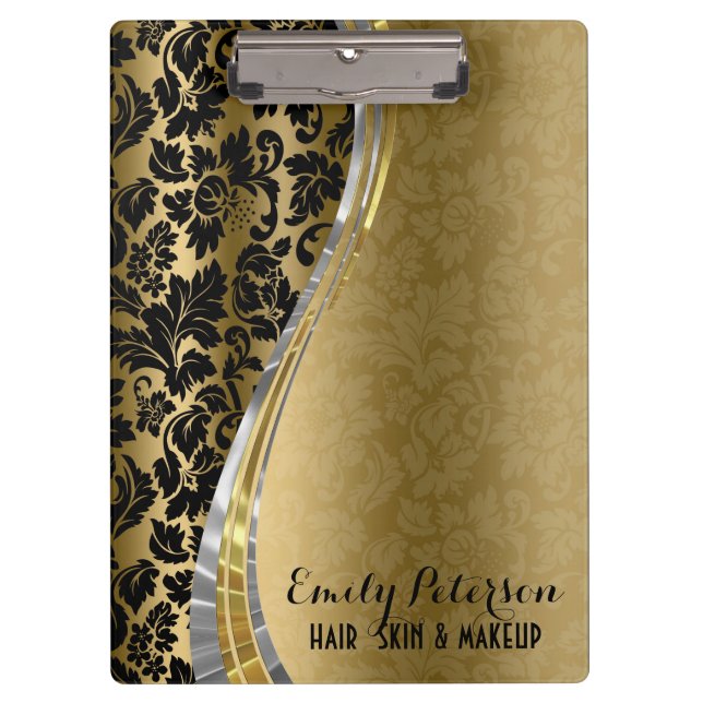 Elegant Black & Gold Damasks With Silver Accents Clipboard (Front)