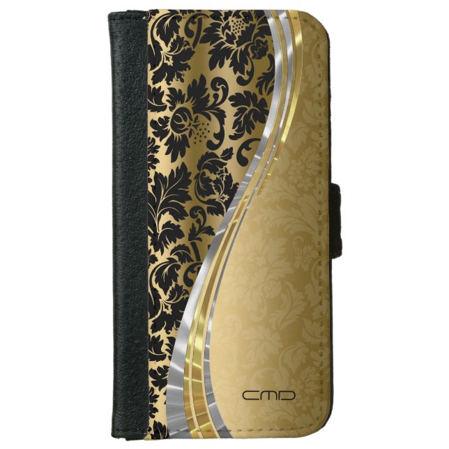Elegant Black & Gold Damasks With Silver Accents iPhone Wallet Case (Front)
