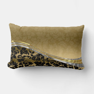 Elegant Black & Gold Damasks With Silver Accents Lumbar Pillow