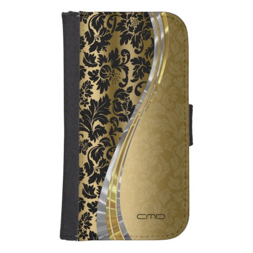 Elegant Black  Gold Damasks With Silver Accents Galaxy S4 Wallet Case