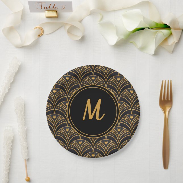 Elegant Black Gold Deco Art Pattern Monogram  Paper Plates (Wedding)