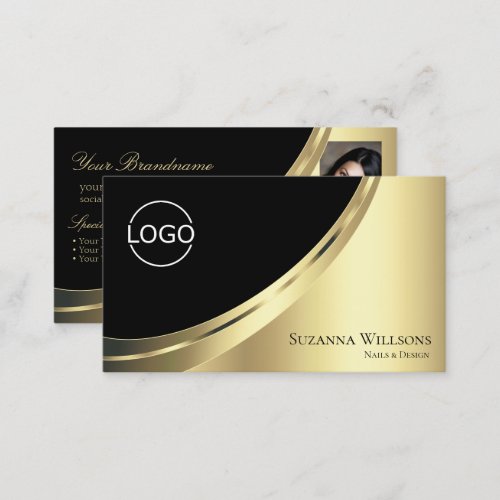 Elegant Black Gold Decor with Logo and Photo Noble Business Card