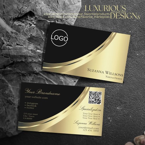 Elegant Black Gold Decor with Logo and QR_Code Business Card