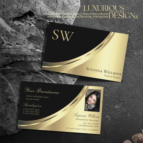 Elegant Black Gold Decor with Monogram and Photo Business Card