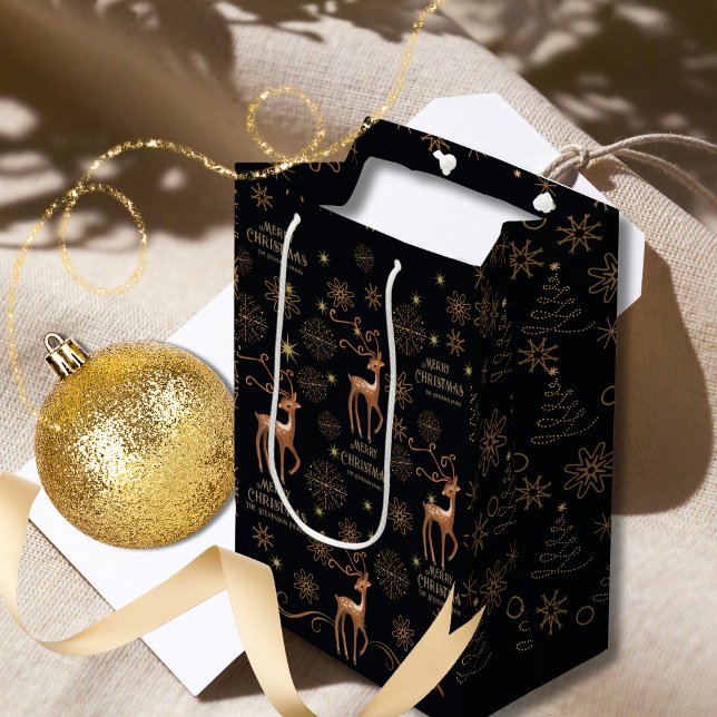 Elegant Black & Gold Deer Custom Christmas Medium Gift Bag (Elegant Black & Gold Deer Custom Christmas Medium Gift Bag)
