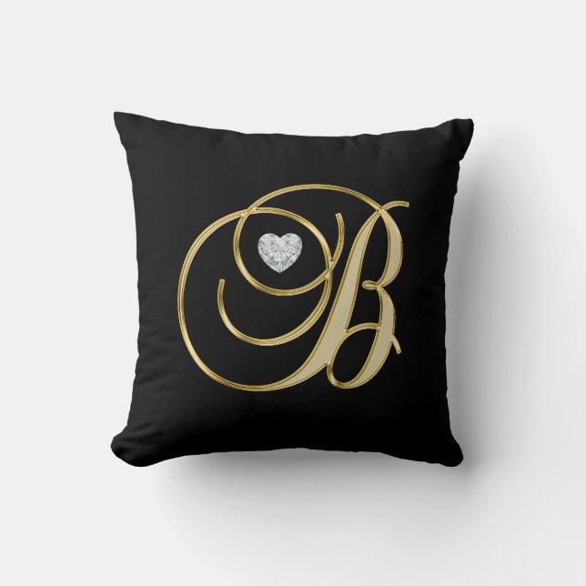 Elegant Black Gold Design Monogram Letter 'B ' Throw Pillow (Front)