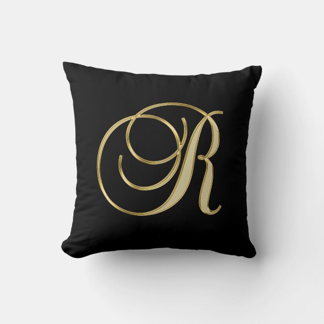 Elegant Black Gold Design Monogram Letter 'R ' Throw Pillow (Front)