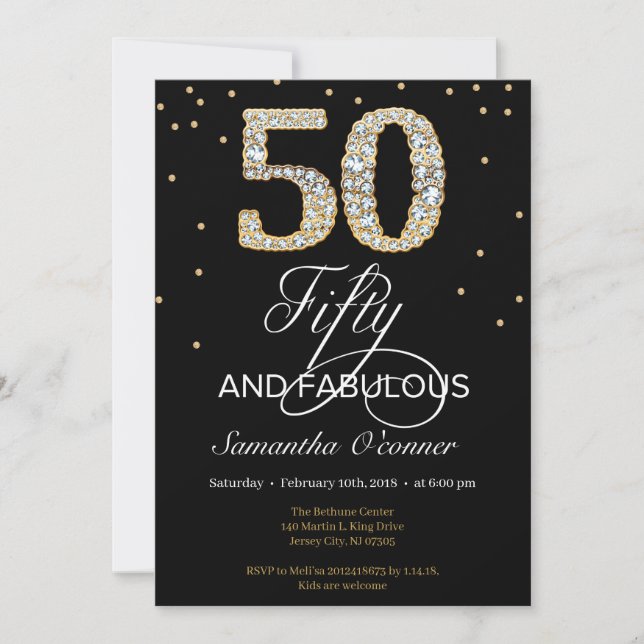 Elegant Black gold diamond 50th birthday Invitation (Front)