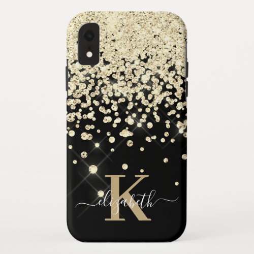 Elegant Black Gold Diamond Confetti Monogrammed iPhone XR Case