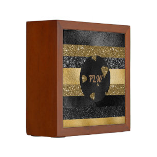 Elegant Black & Gold Diamond Design Desk Organizer