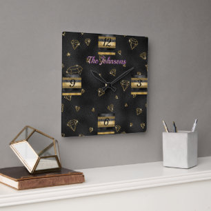 Elegant Black & Gold Diamond Design Square Wall Clock