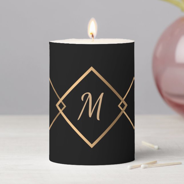 Elegant Black Gold Diamond Geometric Monogram Pillar Candle (In Situ)