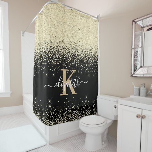 Elegant Black Gold Diamond Glitter Monogrammed  Shower Curtain
